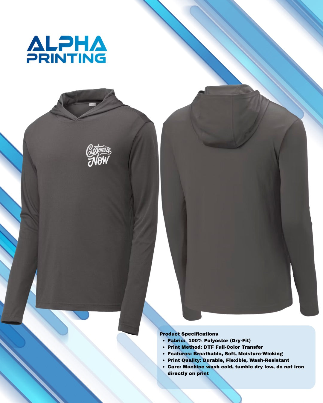Long Sleeve With Hood DryFit FrontPrint (Front)